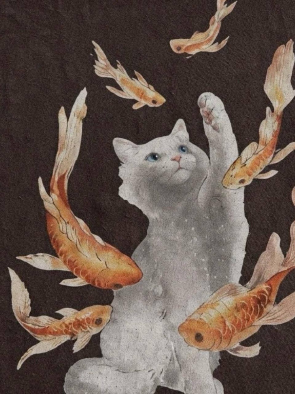 Gildan Dark Chocolate Tee with Gray Cat and Orange Koi Graphic - Picture 2 of 2